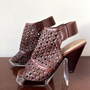 Woven Leather Block High Heel Sandal 6 Ashley Blue Open Toe Brown Elastic Strap